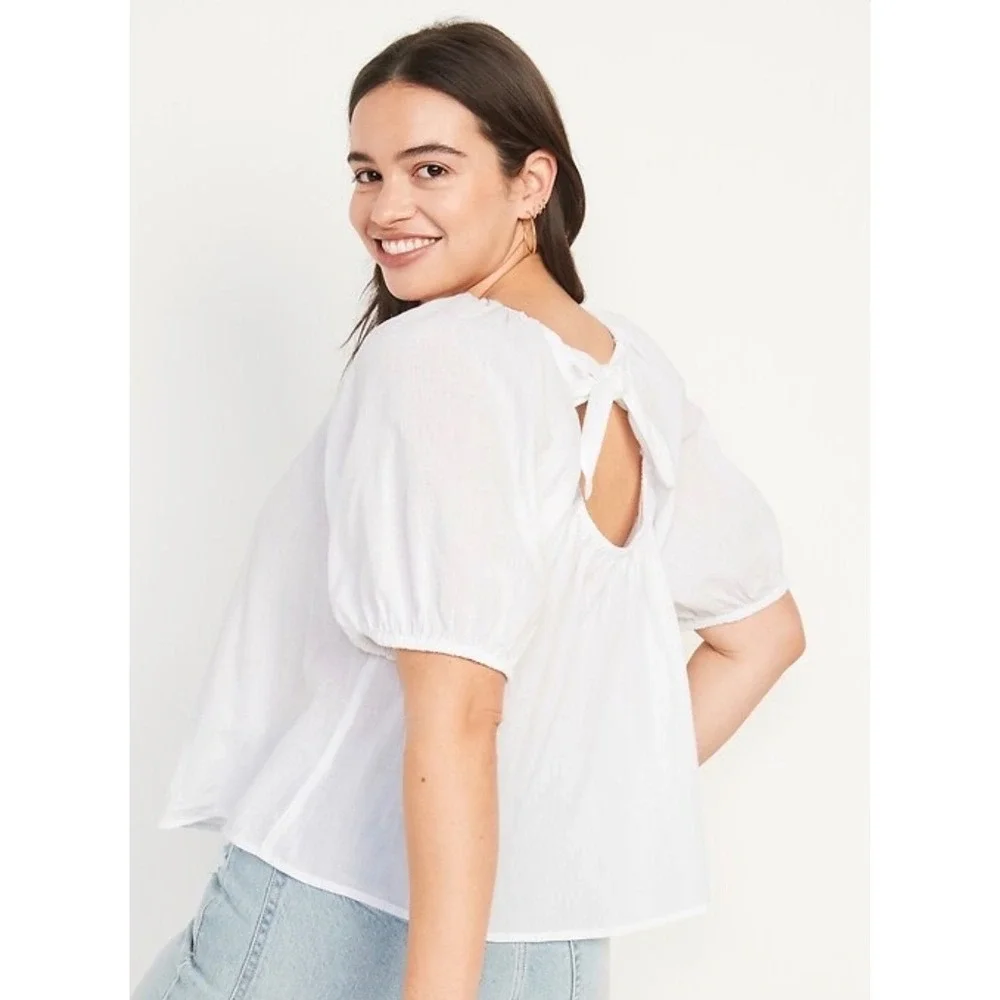 NEW Old Navy Blouse Womens XS White Puff Sleeve Tie Back Gauze Boho Top